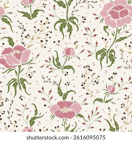 Wildflowers Seamless Floral Pattern Vector. Colorful Background with Pink Beautiful Flowers, Green Leaves and Berry Branches. Ditsy Floral Print for Spring and Summer Nature Wallpaper