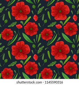 Wildflowers seamless pattern from bloom meadow flowers. Red poppy with green leaves seamless texture on a black background. Textile; fabric pattern; wrapping paper template.