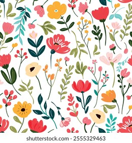 Wildflowers seamless pattern. Bright and colorful meadow herbs and flowers on a beige background. Floral summer vector illustration. Spring botanical background, modern style design