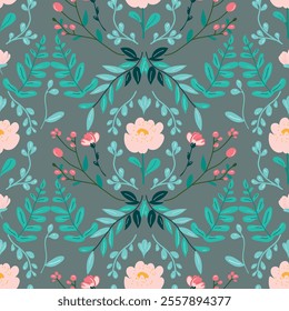 Wildflowers seamless pattern. Bright and colorful meadow herbs and flowers on a grey background. Floral summer vector illustration. Spring botanical background, modern style