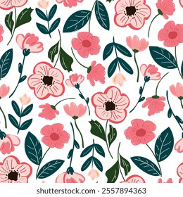Wildflowers seamless pattern. Bright and colourful meadow herbs and flowers on a white background. Floral summer vector illustration. Spring botanical background, modern style design