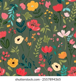 Wildflowers seamless pattern. Bright and colourful meadow herbs and flowers on a green background. Floral summer vector illustration. Spring botanical background, modern style design