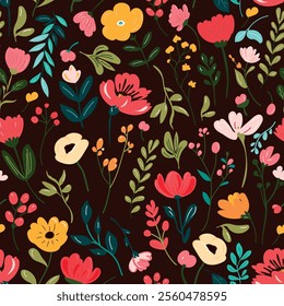 Wildflowers seamless pattern. Bright and colourful meadow herbs and flowers on a dark background. Floral summer vector illustration. Spring botanical background, modern style design