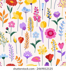 Wildflowers seamless pattern. Bright meadow herbs and flowers on a beige background. Floral summer vector illustration. Spring botanical background, modern style design