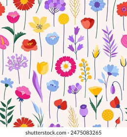 Wildflowers seamless pattern. Colorful meadow herbs and flowers on a beige background. Floral summer vector illustration. Spring botanical background, modern style design