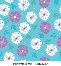 Wildflowers seamless pattern with leaves. Flat vector stock illustration. Cute romantic wildflowers. Endless pattern as a floral illusion for printing on fabrics, textiles