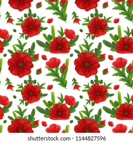 Wildflowers seamless pattern with meadow flowers. Red poppy sealess with green leaves texture on a white background. Textile, fabric pattern, wrapping paper template.