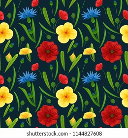 Wildflowers seamless pattern from meadow flowers. Red poppy, cornflower, yellow flowers with green leaves seamless texture on a black background. Textile; fabric pattern; wrapping paper template.
