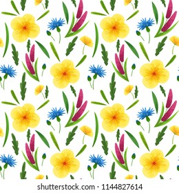 Wildflowers seamless pattern from meadow flowers. Cornflowers, purple, yellow flowers and wheat ear with leaves seamless texture on a white background. Textile, fabric pattern, wrapping paper template