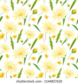 Wildflowers seamless pattern with meadow flowers. Bright chamomile and yellow flowers sealess texture. Textile, fabric pattern, wrapping paper template.