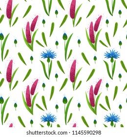 Wildflowers seamless pattern from meadow flowers. Cornflowers and purple flowers with green leaves seamless texture on a white background. Textile, fabric pattern, wrapping paper template.
