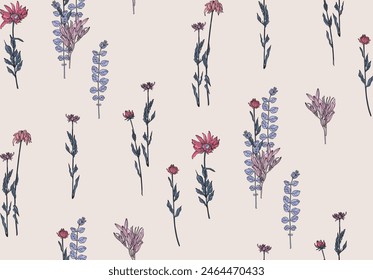 Wildflowers seamless pattern on beige background for wrapping paper, print wallpaper and textile