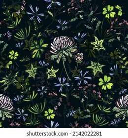 Flores silvestres en un fondo negro. Trabajo manual. Ilustración del vector