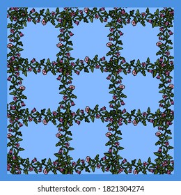 Wildflowers seamless pattern on a blue background, cartoon style, loach, wildflowers, climbing wild flowers, mesh, blue background, pink flowers, gift paper, invitation, congratulation, border, bloom