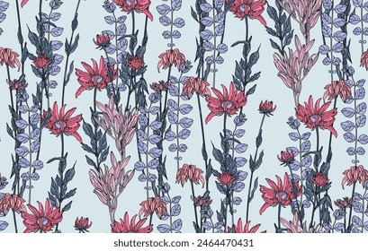 Wildflowers seamless pattern on blue  background for wrapping paper, print wallpaper and textile