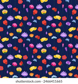 Wildflowers seamless pattern on a dark background. Bright meadow herbs and flowers. Floral summer vector illustration. Spring botanical background, modern style design