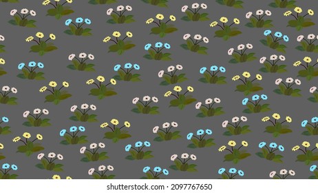 Wildflowers seamless pattern on a gray background. Yellow white and blue flowers.