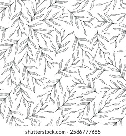 Wildflowers seamless pattern with outline leaves in black color on white background