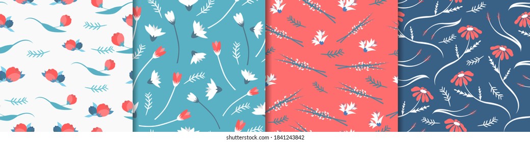 Wildflowers seamless pattern. Red white tulips with green flying leaves red daisies with elongated white stems beautiful spring romantic ornament decorative flowering of vector summer.