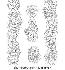 Wildflowers. Set of beautiful doodle floral ornaments. Black-and-white.