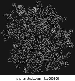Wildflowers. Set of beautiful doodle floral ornaments. Black-and-white.