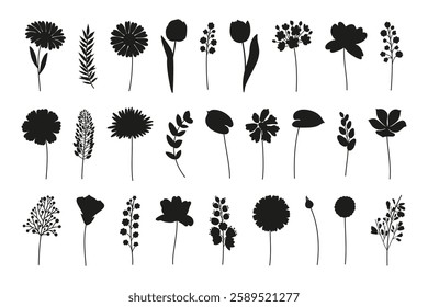 Wildflowers set, different flowers in black silhouettes. Meadow herbs and botanical wild plants for design projects. Vector illustration