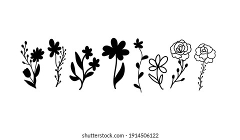 Wildflowers set. Herbal farmhouse rustic wild flowers decor elements. Doodle lineart hand drawn vector illustration. Daisy, field, chamomile, rosehip, buttercup