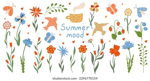 Wildflowers set. Summer floral collection. Hand drawn flat vector illustration of meadow flowers, butterflies and flying birds. Summer mood lettering.