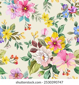 Wildflowers in shades of yellow, pink, blue, hand drawn, seamless, on a romantic light background. Designed for fabric, fashion, textiles, wallpaper, gift wrap.