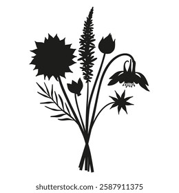 Wildflowers silhouette bouquet. Hand-drawn aquilegia, nigella, cyclamen, meadow flowers, herbs, and wild plants. Botanical elements for design projects. Minimal style, vector illustration