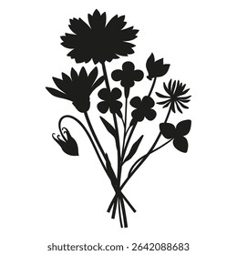 Wildflowers silhouette bouquet. Hand-drawn cosmea, clover, cyclamen, meadow flowers, herbs, and wild plants. Botanical elements for design projects. Minimal style, vector illustration