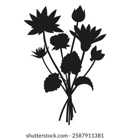 Wildflowers silhouette bouquet. Hand-drawn cyclamen, nymphaea, meadow flowers, herbs, and wild plants. Botanical elements for design projects. Minimal style, vector illustration