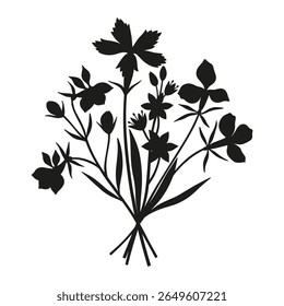 Wildflowers silhouette bouquet. Hand-drawn gagea, exotic inflorescence of meadow flowers, herbs, and wild plants. Botanical elements for design projects. Minimal style, vector illustration