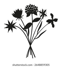 Buquê de silhueta de flores silvestres. Mattiola desenhada à mão, gota de neve, flores de prado, ervas e plantas selvagens. Elementos botânicos para projetos de design. Estilo mínimo, ilustração vetorial