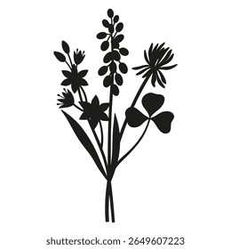 Wildflowers silhouette bouquet. Hand-drawn muscari, clover, gagea, meadow flowers, herbs, and wild plants. Botanical elements for design projects. Minimal style, vector illustration