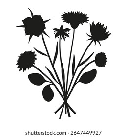 Buquê de silhueta de flores silvestres. Pingos de neve feitos à mão, flores de prado, ervas e plantas selvagens. Elementos botânicos para projetos de design. Estilo mínimo, ilustração vetorial