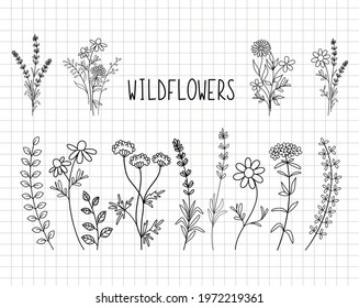 Wildflowers simple design bundle. Minimal summer spring decoration. Silhouette vector flat illustration. Cutting file. Suitable for cutting software. Cricut, Silhouette