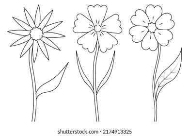 Wildflowers. Sketch. Set of vector illustrations. Blooming buds. A flowering plant with a leaf on a stem. Doodle style. Coloring book for children. Outline on isolated background. Idea for web design.