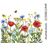 Wildflowers in summer. Wild herbs. Red poppies, cornflowers, forget-me-nots, yellow buttercups, ferns, butterflies, bees