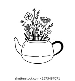 wildflowers in a teapot, rustic cottagecore illustration