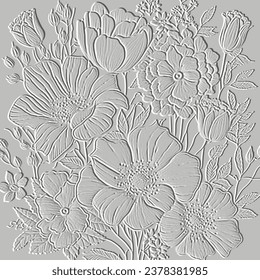 Wildflowers textured emboss 3d line art pattern. Floral embossed relief background. Grunge backdrop. 3d poppy daisy chamomile flowers, leaves. Hand drawn surface plants ornament with embossing effect.