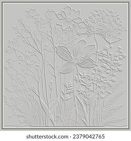 Wildflowers textured emboss 3d line art seamless pattern with square frame. Floral embossed relief background. 3d lines flowers, leaves, grass. Hand drawn surface plants ornament with embossing effect