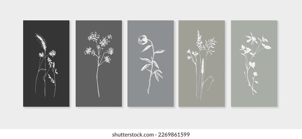 Wildflowers twigs set on monochrome background in line art style. Greenery vector illustration in minimalist style for invitation. Modern single line art, aesthetic outline.