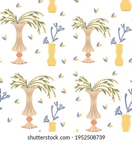 Wildflowers in vase seamless pattern. Spring flowers, plants for decoration isolated on white background. Flowers for celebration.