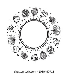 Wildflowers. Vector Floral round frame with Hand drawn doodle Flowers. Floral  wreath. Invitation card template. Black and White Scandinavian style