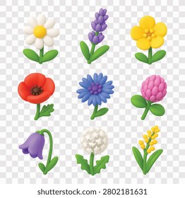 Wildflowers Vector Icon Set | 3D icon set | white daisy, lavender sprig, buttercup flower, poppy flower,  cornflower, pink clover blossom, bellflower, dandelion puffball,  yellow mimosa 
