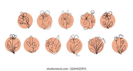 Wildflowers vector icon set continuous line drawing stable line editable cell line icon, logo, label on beige background