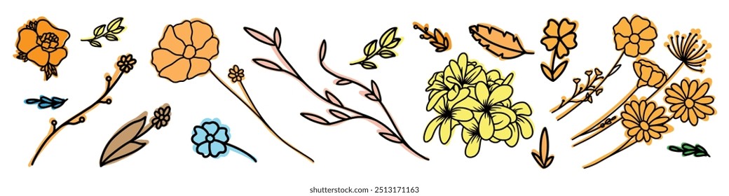 Vektorgrafik-Set mit Wildblumen. Einzige Blumen und Blätter.