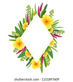 Wildflowers vector rhombus shape invitation, celebration, greeting card template. Nature decor with meadow flower. Yellow and purple flower decoration wedding, fesival and event frame. Botanical art