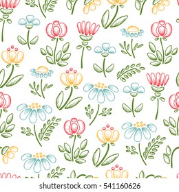 Wildflowers Vector Seamless pattern. Floral background with Hand drawn doodle Wild Flowers. 